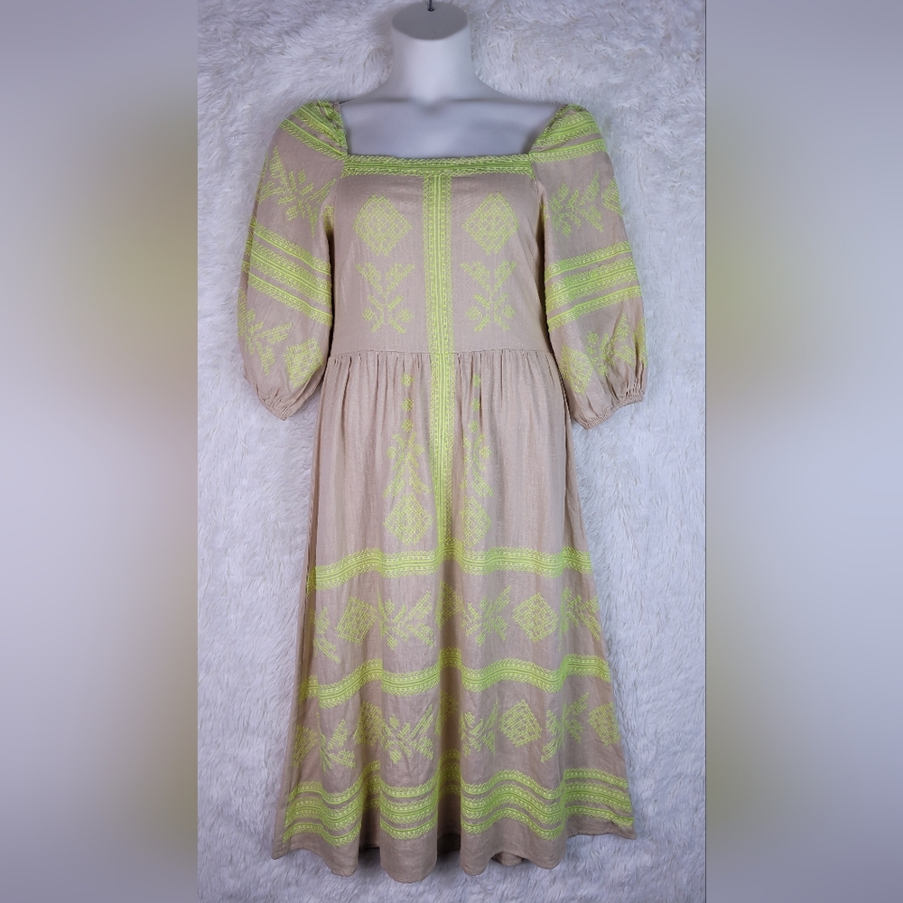 Small Strut & Bolt Beige Embroidered Linen Blend Midi Maxi‎ Dress Boho Milkmaid